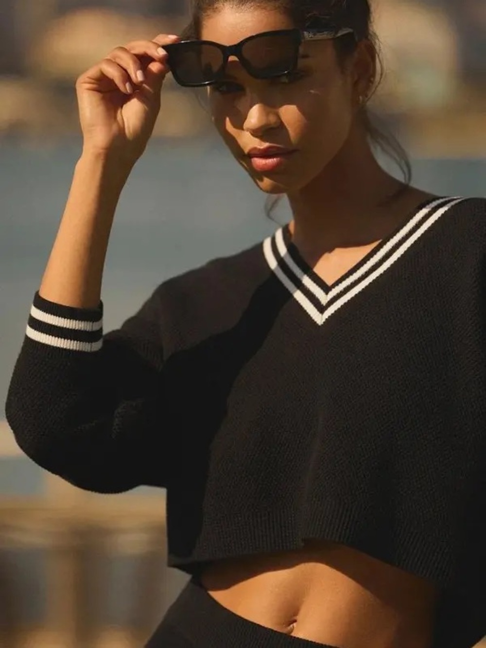 ALO Yoga Black Cropped V-Neck Sweater with White Stripe Trim